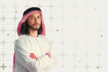 Naklejka premium Muslim man in traditional dress during Ramadan celebrations in a decorated setting