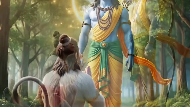 Devotional motion scene showing Lord Rama blessing Hanuman in serene forest environment with spiritual aura inspired by Ram Navami celebration