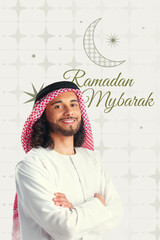 Naklejka premium Young man smiling and celebrating the month of Ramadan with a traditional outfit