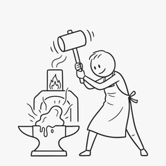 Hand-drawn doodle funny stick outline figures with a skilled blacksmith using a hammer to shape glowing metal.
