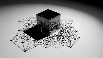 A striking black reflective cube sits precisely centered atop an intricate, complex, abstract network of connected lines and nodes creating a digital data pattern in monochromatic illumination.