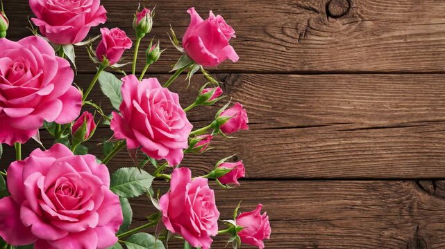 Seamless loop of animated hot pink rose blossoms gently growing and swaying over a stylized, subtly moving, textured brown wooden backdrop blossoms, modern, backdrop