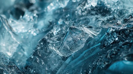 Obraz premium Icy glacial texture for winter design and creative projects. Close-up. Horizontal banner. Copy space. Blue winter glacial background