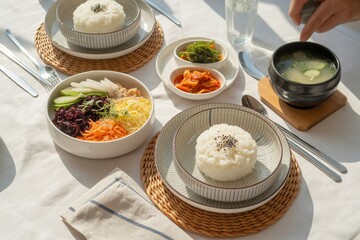 Traditional Korean Meal with Rice, Soup and Side Dishes, Healthy Home Dining Concept