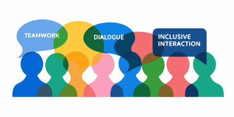 Colorful silhouettes with speech bubbles promoting teamwork and inclusive communication