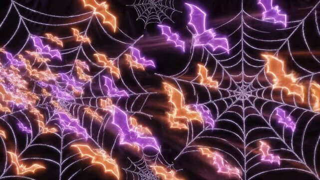 Seamless loop of animated neon purple and glowing orange geometric bats flying rapidly across a dark background interspersed with abstract spider web graphics Halloween, flying rapidly, high-tech