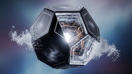 Abstract digital polyhedron design featuring glowing internal circuitry encased in fragmented ice and water vapor suggesting futuristic energy or core data processing in a dark environment
