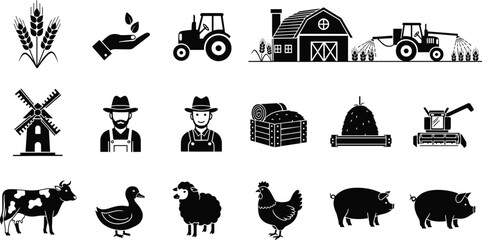 Agriculture and farming icon set featuring wheat, tractor, barn, farmer, windmill, harvester, and livestock animals like cow, pig, and chicken for rural business © SreeHaridash