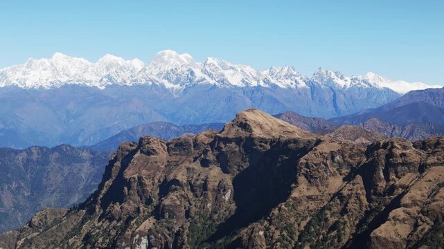 Aerial view from Kalinchowk in Nepal shows Himalayan peaks including Annapurna Manaslu Ganesh Himal Langtang Dorjee Lakpa Gauri Shanker and other mountains