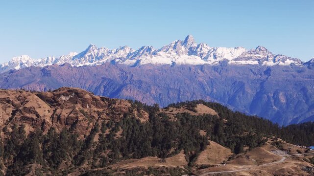 Aerial view from Kalinchowk in Nepal shows Himalayan peaks including Annapurna Manaslu Ganesh Himal Langtang Dorjee Lakpa Gauri Shanker and other mountains