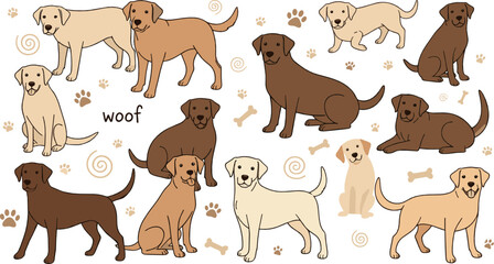 Cute dog character set with various breeds and poses, playful puppy illustrations with paw prints and bones, adorable cartoon flat vector design for pet lovers