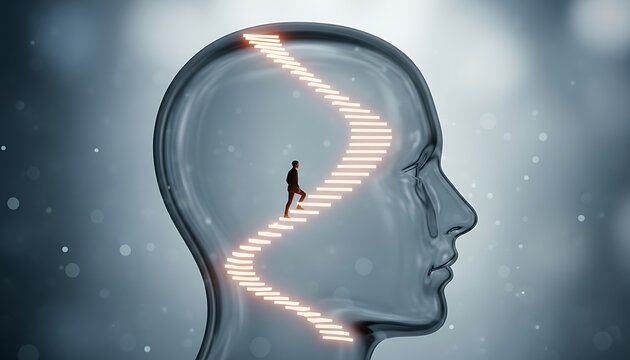 Person Climbing Curved Stairs Inside Mind Head Journey Concept