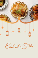 Naklejka premium Celebration of Eid al-Fitr with traditional desserts and decorations for Ramadan