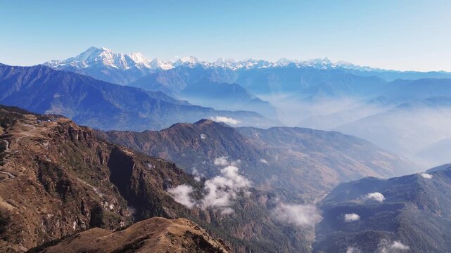 Aerial view from Kalinchowk in Nepal shows Himalayan peaks including Annapurna Manaslu Ganesh Himal Langtang Dorjee Lakpa Gauri Shanker and other mountains