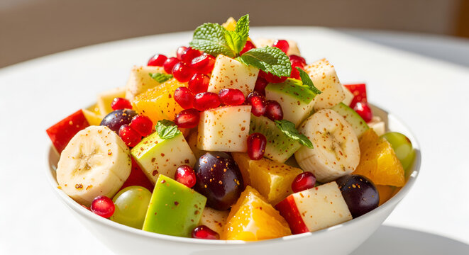 Fresh fruit chaat salad with spices and pomegranate seeds