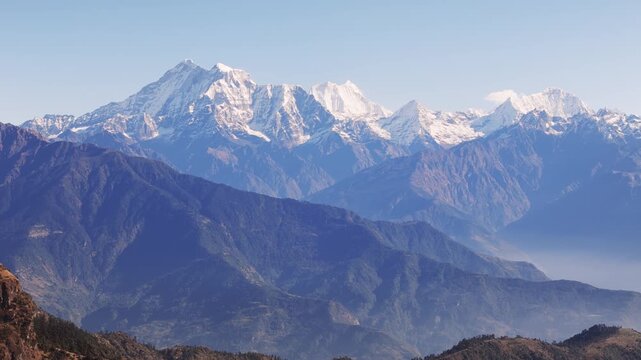 Aerial view from Kalinchowk in Nepal shows Himalayan peaks including Annapurna Manaslu Ganesh Himal Langtang Dorjee Lakpa Gauri Shanker and other mountains