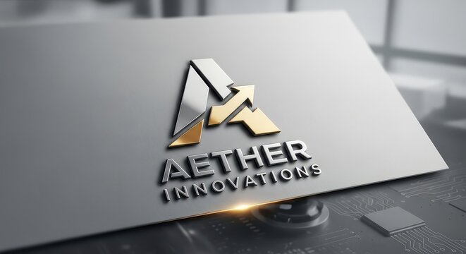 Close up of aether innovations metallic logo on a sleek gray card with gold accents on a modern desk