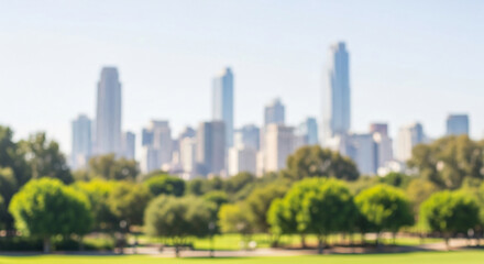 Fototapeta premium Blurred background of a modern city skyline with downtown skyscrapers viewed from a vibrant green park on a sunny day