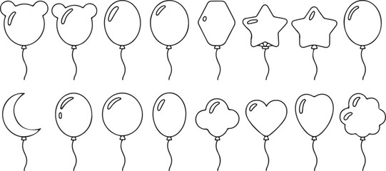 Balloon outline icons with string in line cartoon style. Different shapes for birthday, party, wedding. Black contour of balloons silhouettes. Vector © Ranaart