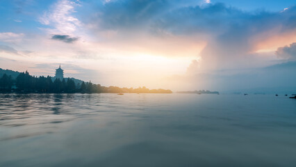 ，China, Hangzhou, West Lake, city, city skyline, tourist destination, landmark, architectural landscape，