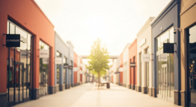 Blurred background of an empty modern outdoor shopping mall or retail outlet center street with bright sunlight in the distance