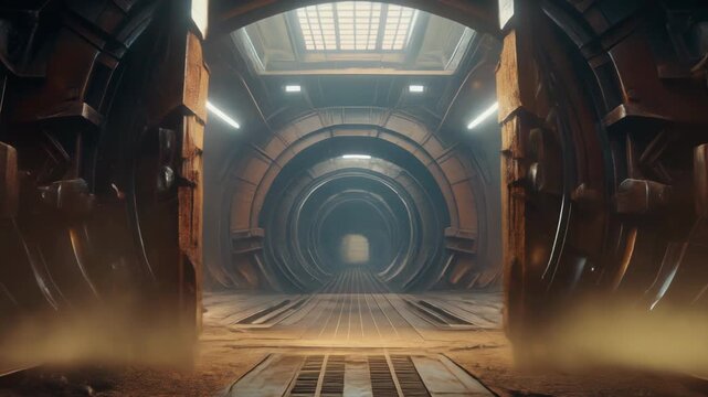 Opening heavy rusty sci-fi blast door to underground bunker tunnel