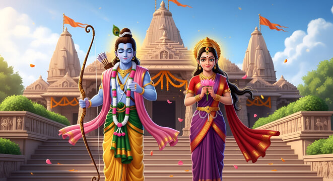 Sacred temple scene with Shri Ram and Sita walking together during Ram Navami expressing devotion culture faith tradition and spiritual celebration in India