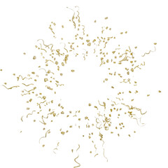 3d realistic render of gold confetti explosion featuring stars and curly ribbons, metallic foil texture arranged in a circular frame isolated for celebration overlay.