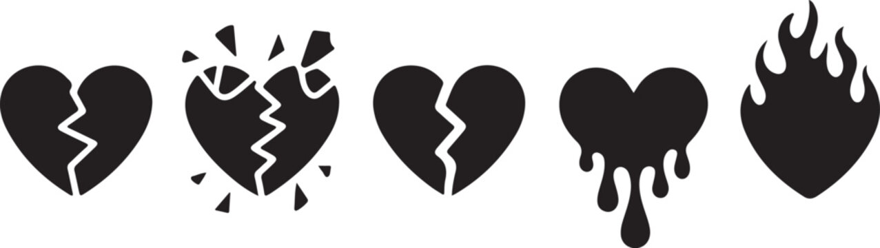 Broken heart gothic vector icon set, love sign rock gothic sticker, cracked grunge shapes, flame. Emo romance trendy print, y2k Valentine Day graffiti 90s art, breakup tattoo. Broken heart silhouette