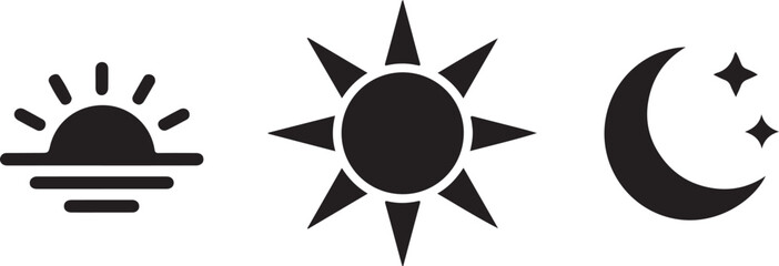Bundle of black silhouettes of rising or setting sun, crescent moon and stars. Collection of day and night time pictograms. Set of design elements isolated on white background. Vector illustration © Ranaart