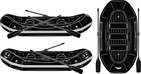 Inflatable rubber boat with oars, detailed black silhouette raft illustration front and top view isolated on white background © ab