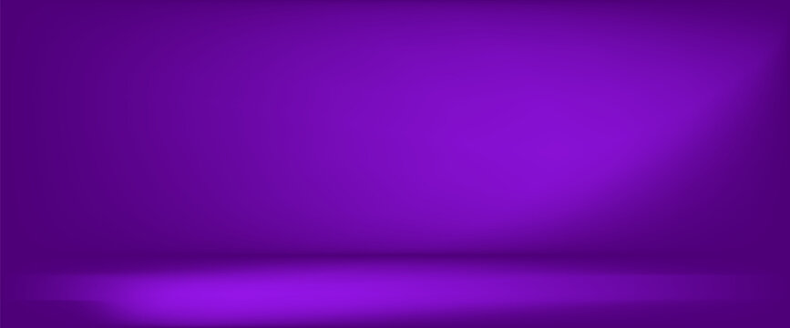 Abstract purple empty studio background. Podium gradient bg. Minimal clean room backdrop. 3d vector limbo scene space. Neon glow lights shelf. Modern dark violet photo studio spotlight mockup