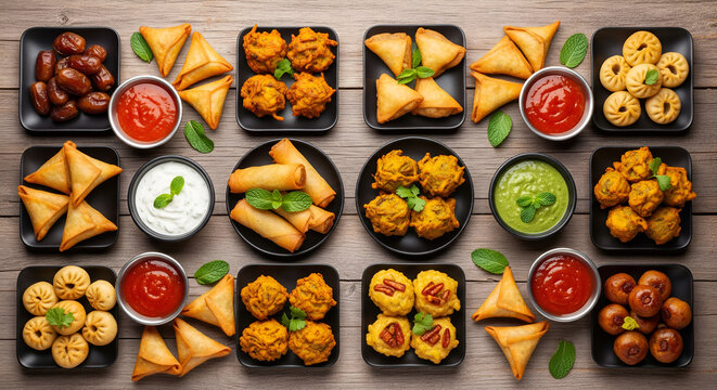 Assorted fried snacks including pakora, samosa and spring rolls for Iftar party