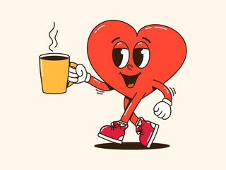 Naklejka premium Vintage heart shaped character holding coffee cup. Vector illustration for cafe branding, holiday design, social media