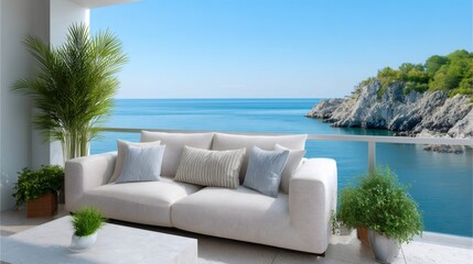 Obraz premium Balcony sofa overlooking Mediterranean sea and coastal cliffs