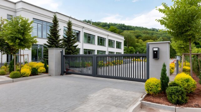 Modern office building entrance with automatic security gate
