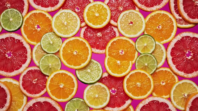 Seamless loop of brightly colored symmetrical citrus fruit slices spinning and pulsing on a vibrant background creating an abstract food pattern food, vibrant background, tropical
