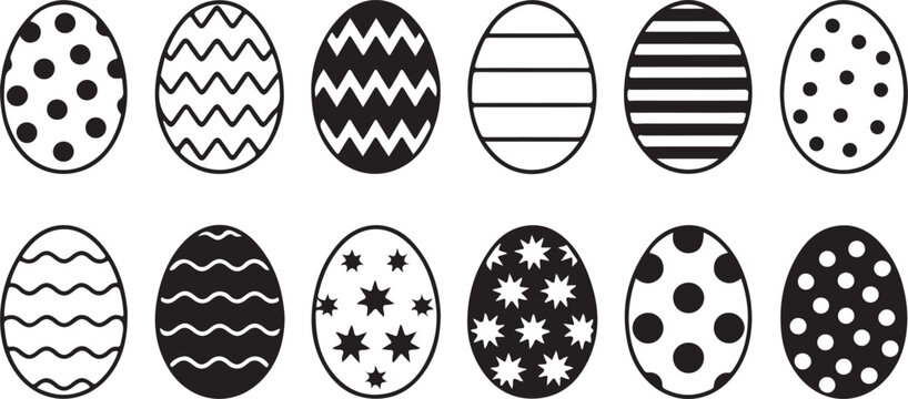 Easter egg outline design, black line art, coloring icon. Vector illustration isolated on transparent background