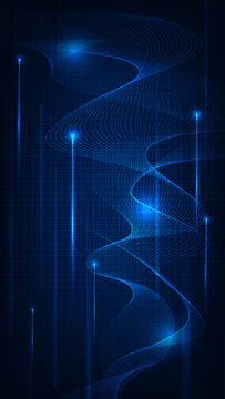 Vector illustrations of Abstract technology vertical background with moving speed of glowing dot of particles on the wave wireframe.