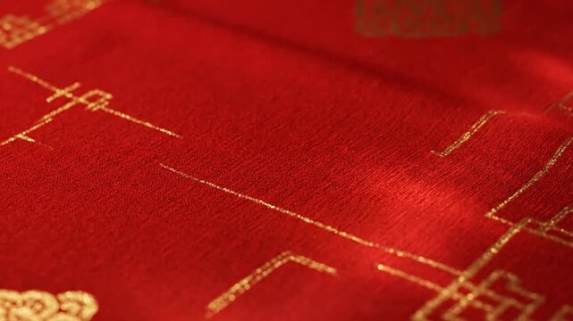 Vibrant red fabric with elegant gold patterns and designs