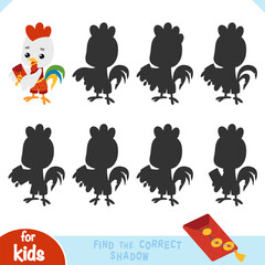 Fototapeta premium Cute zodiac rooster and red envelope as symbol of the Chinese New Year. Find the correct shadow game for preschool and kindergarten kids. Fun educational activity for learning focus and shapes