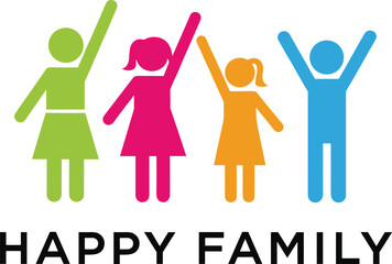 Colorful happy family icon set featuring four diverse stick figure silhouettes with raised arms and bold black typography for community, unity, and relationship concepts. © Ajmira