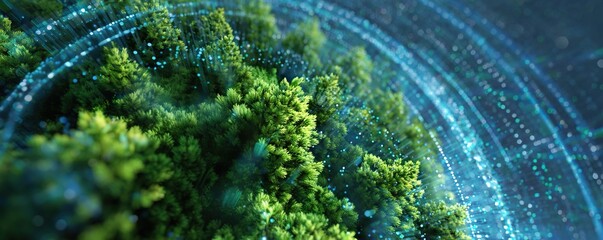 Digital background with green forest ecosystem and glowing data streams