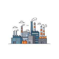 Obraz premium Modern factory building illustration with smoking chimneys and clouds, clean industry concept.