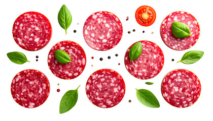 Overhead shot of cured meat slices arranged with fresh basil, tomatoes, and peppercorns