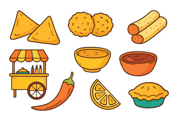 Indian Street Food Doodle Icon Set with Snacks Chaat and Samosa Vector