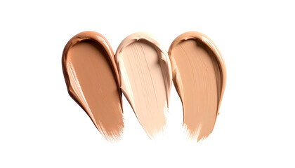 Three cosmetic foundation swatches on black, showcasing varying skin tone shades