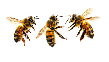 Three honeybees, wings outstretched, depicted mid-flight against a black, transparent background