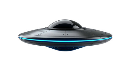 Rendered image of a metallic disc-shaped craft with a transparent dome and glowing blue lights