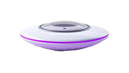 A rendered, glowing, stylized flying saucer with a transparent dome and purple lighting
